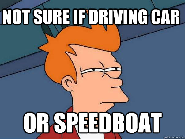 Not sure if driving car Or speedboat  Futurama Fry