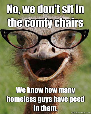 No, we don't sit in the comfy chairs We know how many homeless guys have peed in them.  Judgmental Bookseller Ostrich