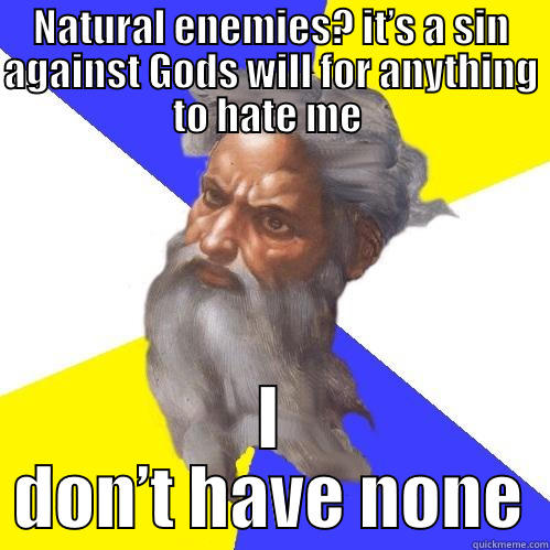 NATURAL ENEMIES? IT’S A SIN AGAINST GODS WILL FOR ANYTHING TO HATE ME  I DON’T HAVE NONE Advice God