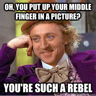 Oh, you put up your middle finger in a picture? You're such a rebel  Condescending Wonka