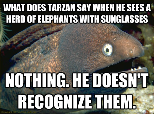 What does Tarzan say when he sees a herd of elephants with sunglasses Nothing. He doesn't recognize them. - What does Tarzan say when he sees a herd of elephants with sunglasses Nothing. He doesn't recognize them.  Bad Joke Eel