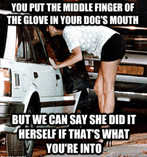 You put the middle finger of the glove in your dog's mouth But we can say she did it herself if that's what you're into  Karma Whore