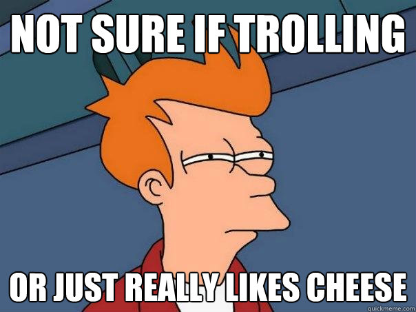 Not sure if trolling or just really likes cheese  Futurama Fry