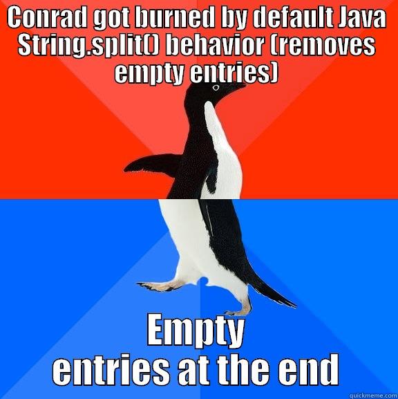 Burned by java split() - CONRAD GOT BURNED BY DEFAULT JAVA STRING.SPLIT() BEHAVIOR (REMOVES EMPTY ENTRIES) EMPTY ENTRIES AT THE END Socially Awesome Awkward Penguin