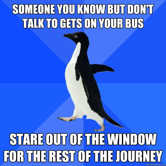 someone you know but don't talk to gets on your bus stare out of the window for the rest of the journey  Socially Awkward Penguin