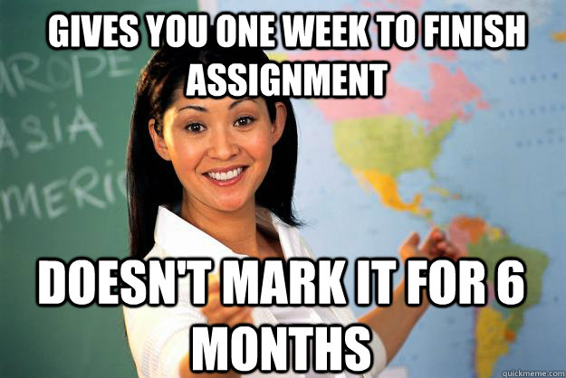 Gives you one week to finish assignment Doesn't mark it for 6 months  Unhelpful High School Teacher