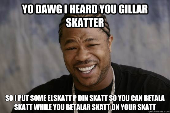 YO DAWG I HEARD YOU GILLAR SKATTER SO I PUT SOME ELSKATT PÅ DIN SKATT SO YOU CAN BETALA SKATT WHILE YOU BETALAR SKATT ON YOUR SKATT  YO DAWG