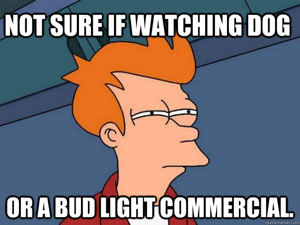 not sure if watching dog Or a bud light commercial.   Futurama Fry