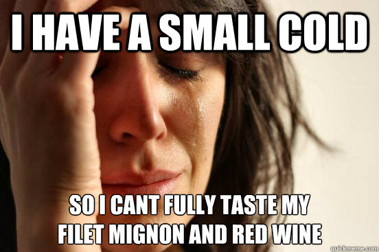 i have a small cold so i cant fully taste my 
filet mignon and red wine  First World Problems