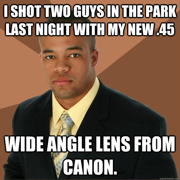 I shot two guys in the park last night with my new .45 wide angle lens from canon.  Successful Black Man