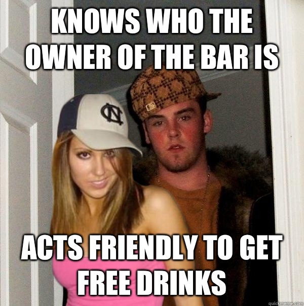 Knows who the owner of the bar is Acts friendly to get free drinks - Knows who the owner of the bar is Acts friendly to get free drinks  Misc