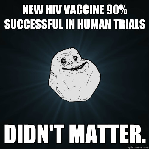 New HIV Vaccine 90% Successful in human trials didn't matter.  - New HIV Vaccine 90% Successful in human trials didn't matter.   Forever Alone