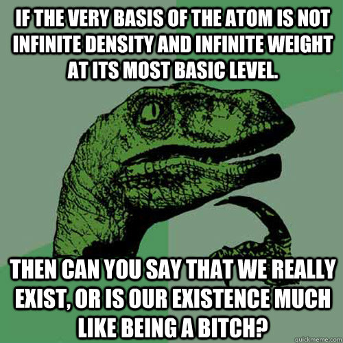 If the very basis of the atom is not infinite density and infinite weight at its most basic level. Then can you say that we really exist, or is our existence much like being a bitch?  Philosoraptor