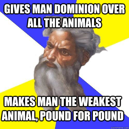 gives man dominion over all the animals makes man the weakest animal, pound for pound  Advice God