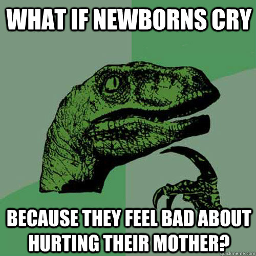 What if newborns cry because they feel bad about hurting their mother?  Philosoraptor