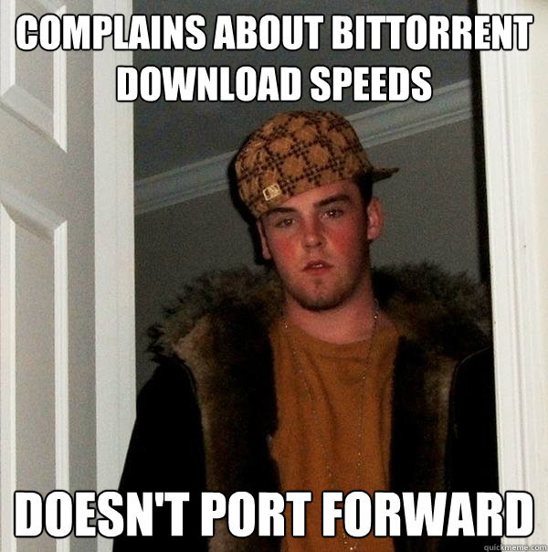 Complains about bittorrent download speeds Doesn't port forward  Scumbag Steve