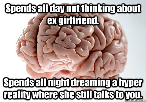 Spends all day not thinking about ex girlfriend. Spends all night dreaming a hyper reality where she still talks to you.  Scumbag Brain