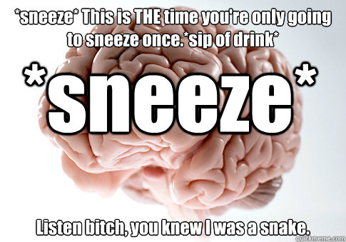 *sneeze* This is THE time you're only going to sneeze once.*sip of drink*  Listen bitch, you knew I was a snake.
 *sneeze*   Scumbag Brain