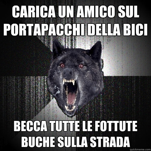 carica un amico sul portapacchi della bici becca tutte le fottute buche sulla strada  Insanity Wolf