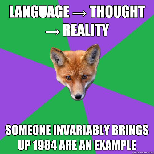 Language → thought → reality  Someone invariably brings up 1984 are an example  Anthropology Major Fox