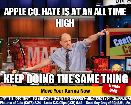 Apple co. hate is at an all time high Keep doing the same thing  Mad Karma with Jim Cramer