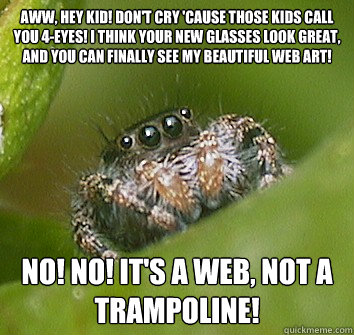 Aww, hey kid! Don't cry 'Cause those kids call you 4-eyes! I think your new glasses look great, and you can finally see my beautiful web art! NO! NO! It's a web, not a trampoline!  Misunderstood Spider