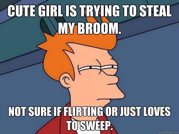 Cute girl is trying to steal my broom. Not sure if flirting or just loves to sweep.  Futurama Fry