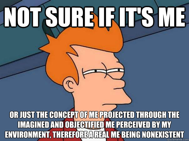 not sure if it's me or just the concept of me projected through the imagined and objectified me perceived by my environment, therefore a real me being nonexistent - not sure if it's me or just the concept of me projected through the imagined and objectified me perceived by my environment, therefore a real me being nonexistent  Futurama Fry