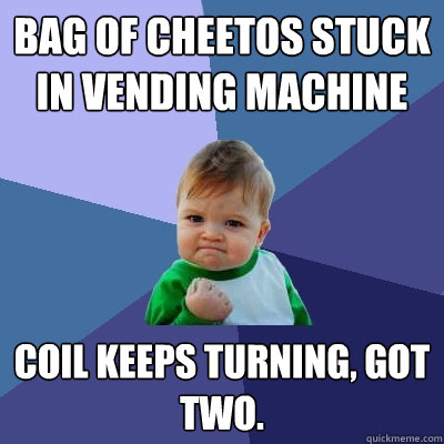 Bag of Cheetos stuck in vending machine coil keeps turning, got two.  Success Kid