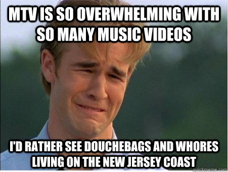 MTV is so overwhelming with so many music videos I'd rather see douchebags and whores living on the new jersey coast  1990s Problems