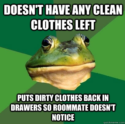 Doesn't have any clean clothes left puts dirty clothes back in drawers so roommate doesn't notice - Doesn't have any clean clothes left puts dirty clothes back in drawers so roommate doesn't notice  Foul Bachelor Frog