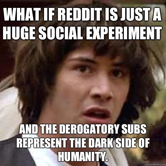 What if reddit is just a huge social experiment And the derogatory subs represent the dark side of humanity.   conspiracy keanu