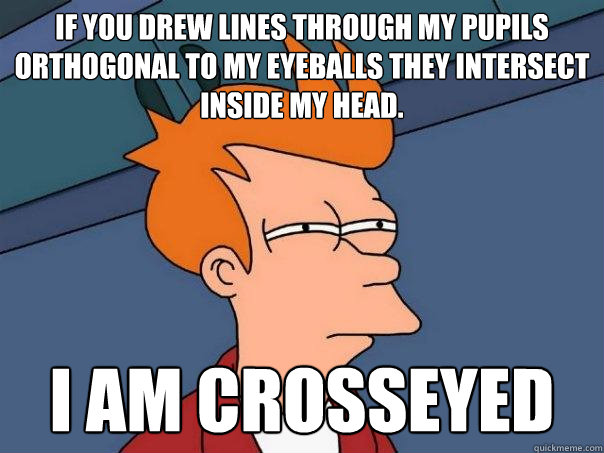 If you drew lines through my pupils orthogonal to my eyeballs they intersect inside my head. I am crosseyed  Futurama Fry