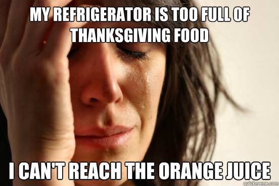 My refrigerator is too full of thanksgiving food I can't reach the orange juice  First World Problems