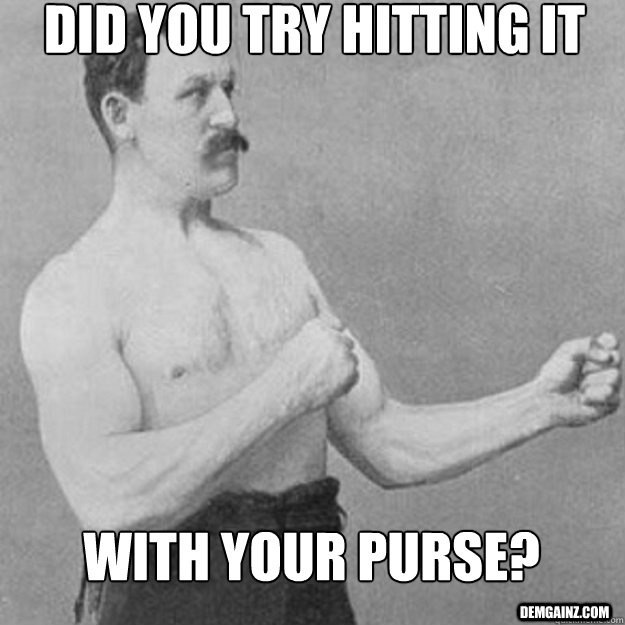 did you try hitting it with your purse? demgainz.com  overly manly man