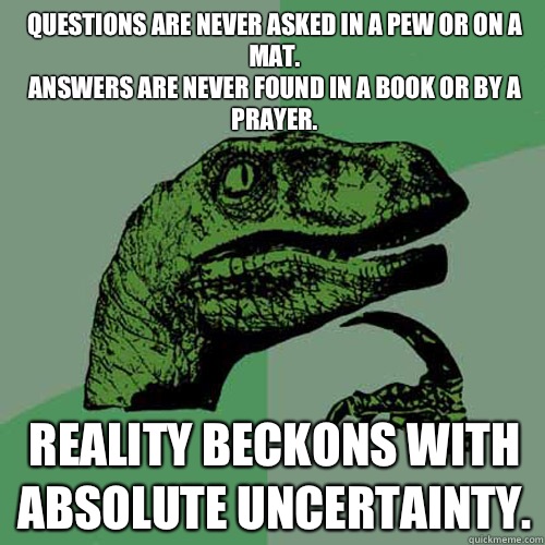 Questions are never asked in a pew or on a mat.
Answers are never found in a book or by a prayer. Reality beckons with absolute uncertainty. - Questions are never asked in a pew or on a mat.
Answers are never found in a book or by a prayer. Reality beckons with absolute uncertainty.  Philosoraptor