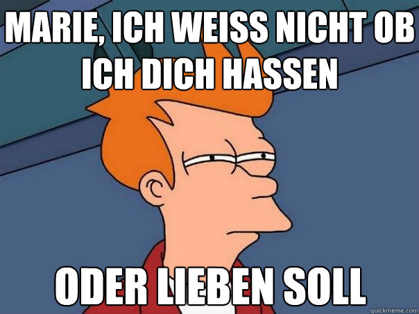 marie, ich weiss nicht ob ich dich hassen oder lieben soll  Futurama Fry