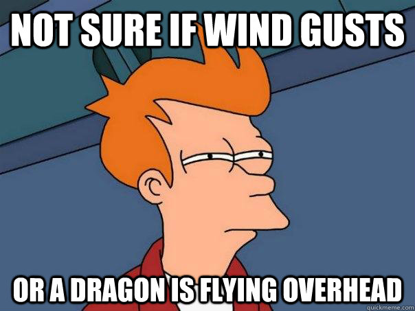 Not sure if wind gusts  Or a dragon is flying overhead   Futurama Fry