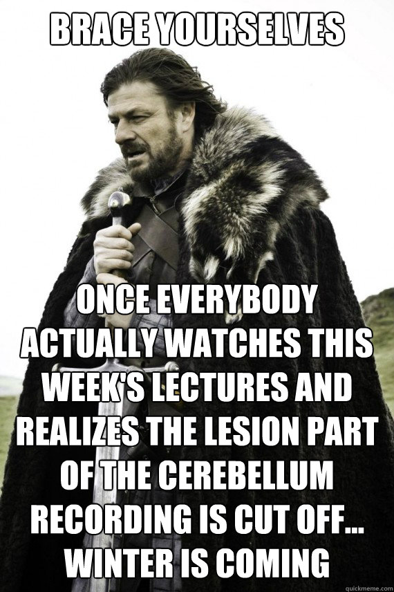 Brace yourselves Once everybody actually watches this week's lectures and realizes the lesion part of the cerebellum recording is cut off...
Winter is coming  Brace yourself