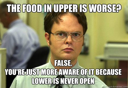 The food in upper is worse? False. 
you're just more aware of it because lower is never open  Dwight