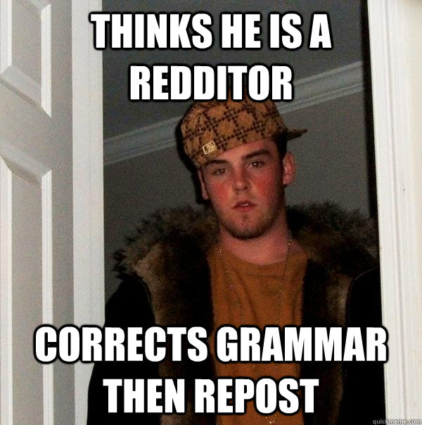 thinks he is a redditor corrects grammar then repost  Scumbag Steve