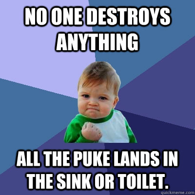 No one destroys anything All the puke lands in the sink or toilet.  Success Kid