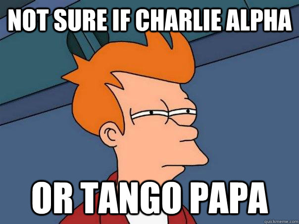 Not sure if Charlie Alpha Or Tango Papa  Futurama Fry