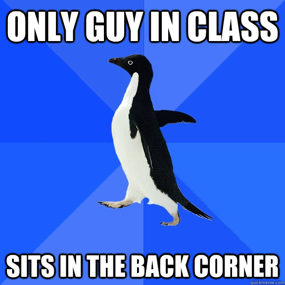 only guy in class sits in the back corner  - only guy in class sits in the back corner   Socially Awkward Penguin