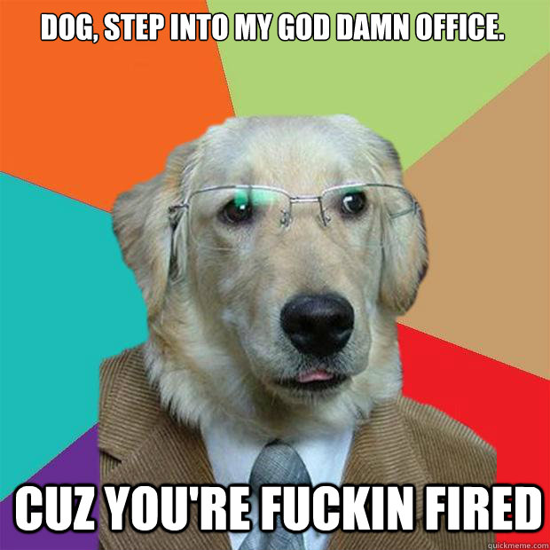 Dog, step into my god damn office. Cuz you're FUCKIN FIRED  Business Dog