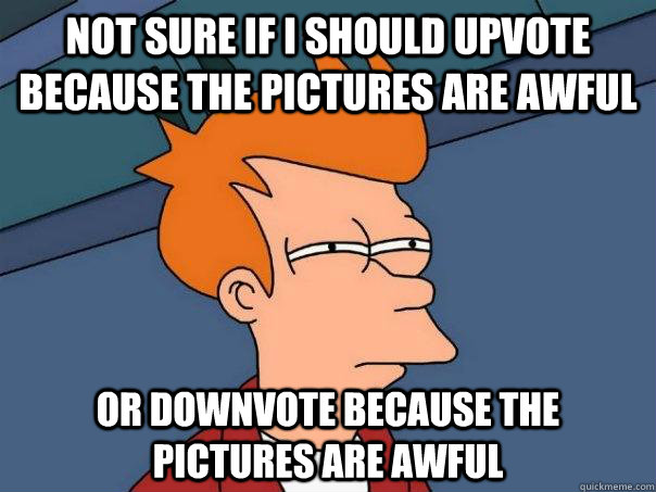 Not sure if i should upvote because the pictures are awful  Or downvote because the pictures are awful   Futurama Fry