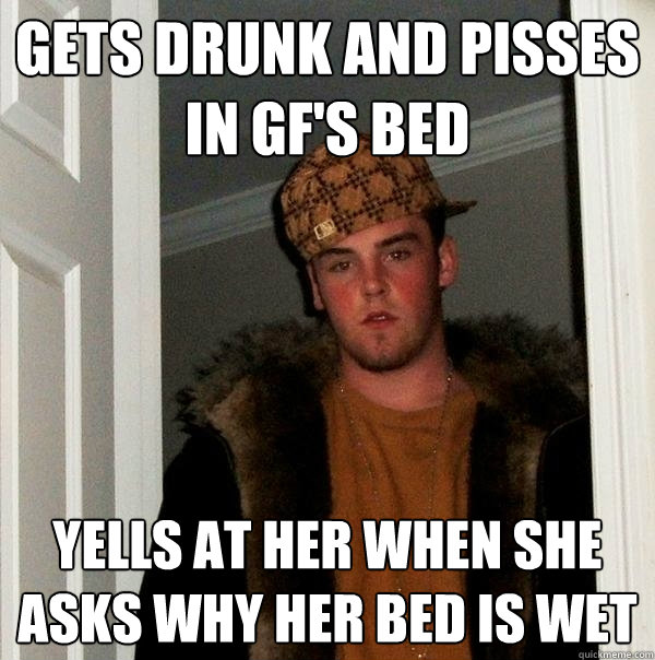 Gets drunk and pisses in GF's bed Yells at her when she asks why her bed is wet   Scumbag Steve