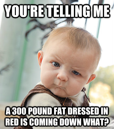 You're telling me A 300 pound fat dressed in red is coming down what?  skeptical baby