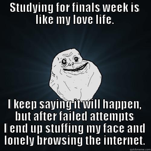 STUDYING FOR FINALS WEEK IS LIKE MY LOVE LIFE. I KEEP SAYING IT WILL HAPPEN, BUT AFTER FAILED ATTEMPTS I END UP STUFFING MY FACE AND LONELY BROWSING THE INTERNET. Forever Alone