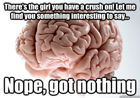 There's the girl you have a crush on! Let me find you something interesting to say... Nope, got nothing   Scumbag Brain